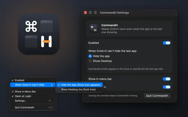 CommandH, the Mac menu bar app that makes Cmd+H hide the last visible app: its icon, settings window, and menu