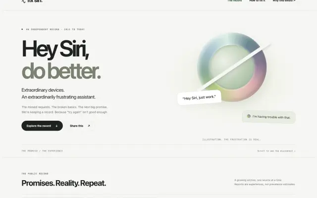 Fix Siri, an independent sourced archive of Siri experiences under the headline “Hey Siri, do better.”