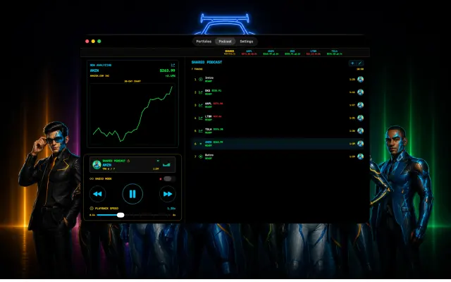 StockCar app interface, neon-styled portfolio podcast UI